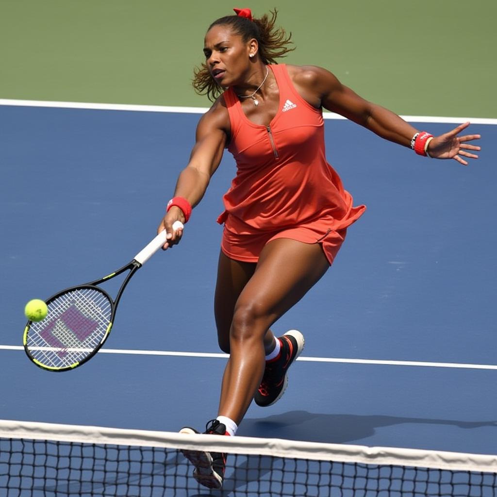  white woman playing tennis.