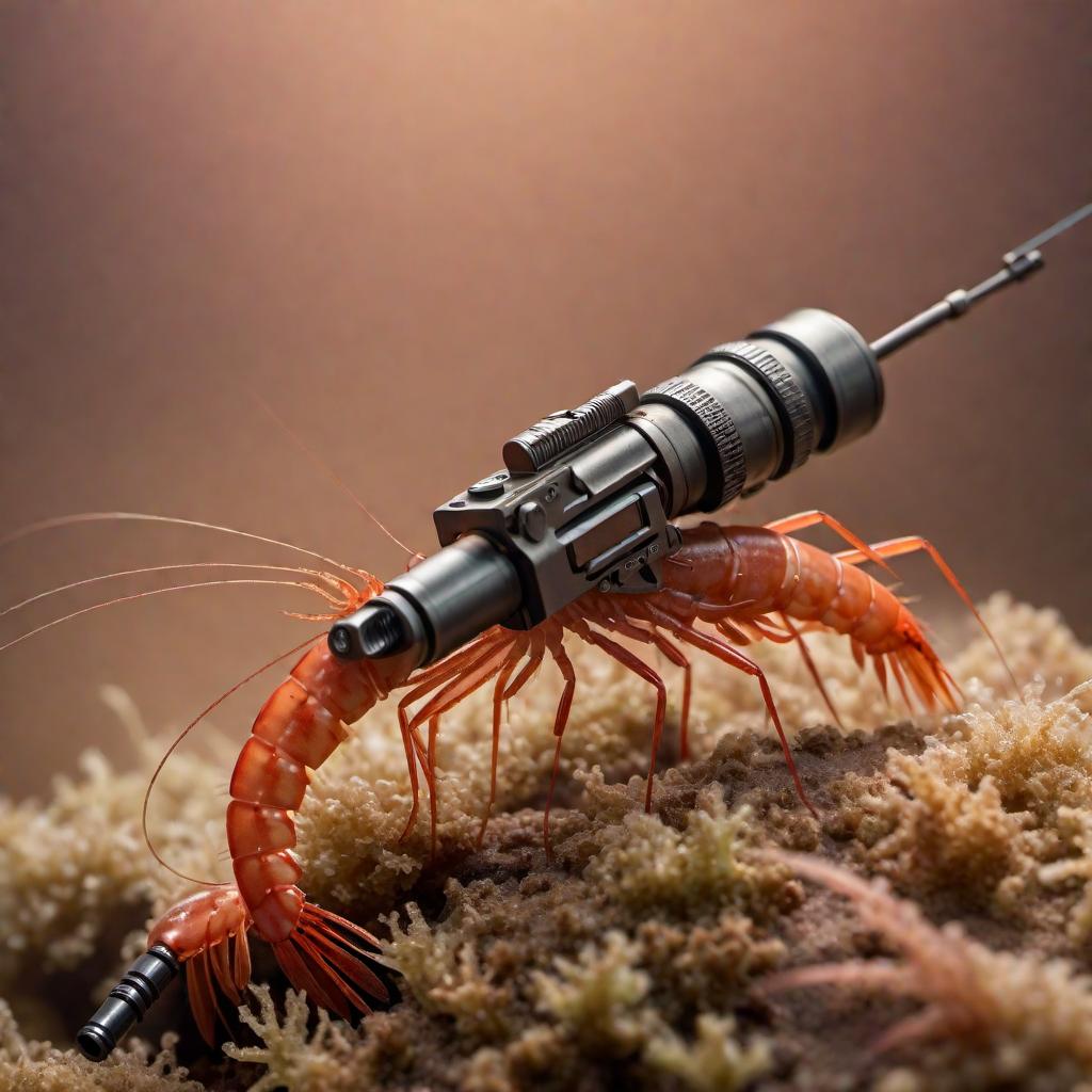  a shrimp with a tiny little machine gun hyperrealistic, full body, detailed clothing, highly detailed, cinematic lighting, stunningly beautiful, intricate, sharp focus, f/1. 8, 85mm, (centered image composition), (professionally color graded), ((bright soft diffused light)), volumetric fog, trending on instagram, trending on tumblr, HDR 4K, 8K