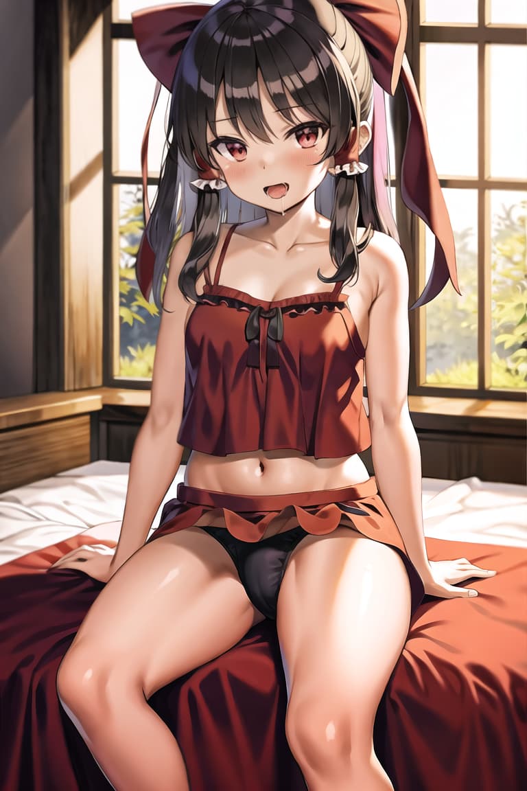  master piece , best quality,Touhou Project,Reimu Hakurei,black hair,camisole,come face,free state,drooling,open crotch,sitting on bed