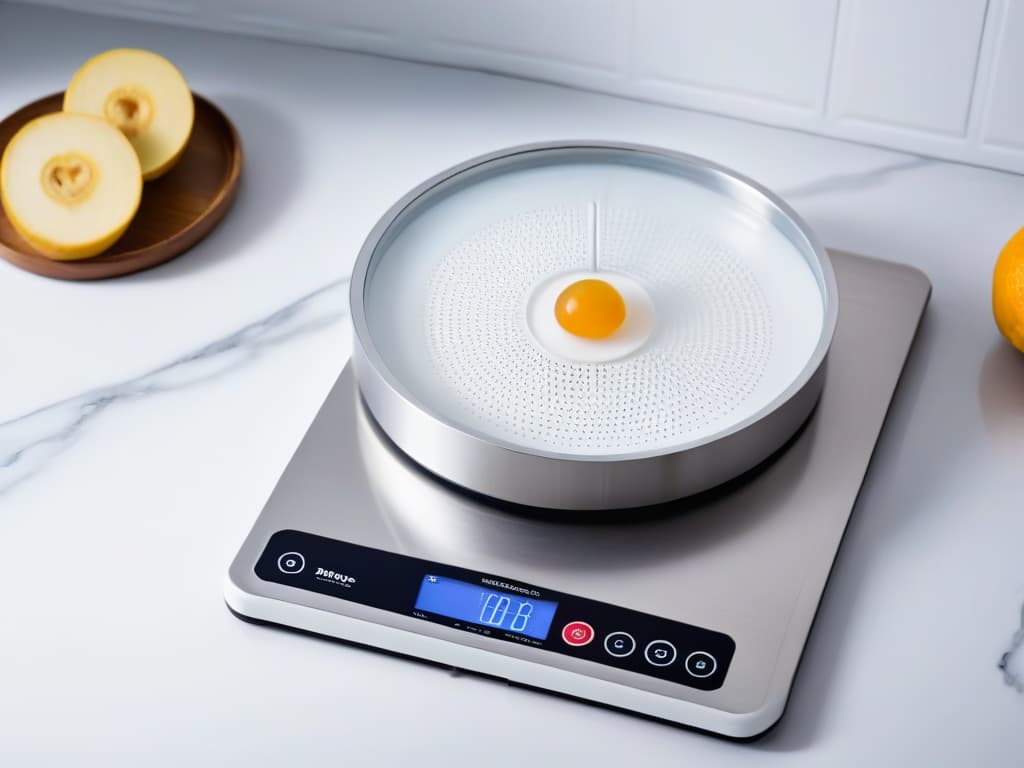  A highresolution, ultradetailed image of a sleek, modern kitchen scale sitting on a marble countertop. The scale is made of brushed stainless steel with a digital display showing precise measurements. The countertop is spotless, emphasizing the elegance of the scale, and the image is captured in soft, natural lighting that highlights the precision and sophistication of the kitchen tool. hyperrealistic, full body, detailed clothing, highly detailed, cinematic lighting, stunningly beautiful, intricate, sharp focus, f/1. 8, 85mm, (centered image composition), (professionally color graded), ((bright soft diffused light)), volumetric fog, trending on instagram, trending on tumblr, HDR 4K, 8K