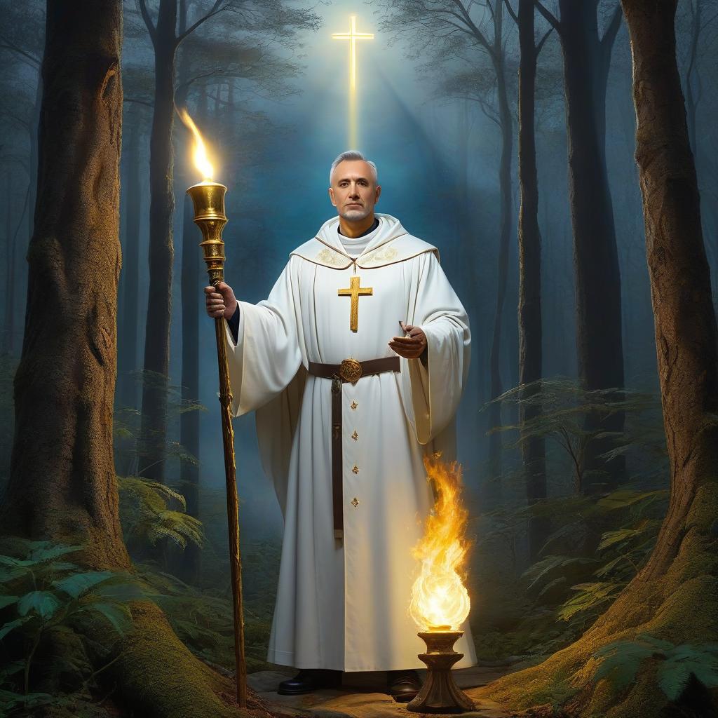  A priest with white robe holding a lighted torch, standing in front of a Lighted chapel with golden cross in the dark forest hills Fantasy, Mystery, inspired by tomasz alen kopera, gently caressing earth, progressive rock album cover, profile picture, emerging dark forest trees, full moon" hyperrealistic, full body, detailed clothing, highly detailed, cinematic lighting, stunningly beautiful, intricate, sharp focus, f/1. 8, 85mm, (centered image composition), (professionally color graded), ((bright soft diffused light)), volumetric fog, trending on instagram, trending on tumblr, HDR 4K, 8K