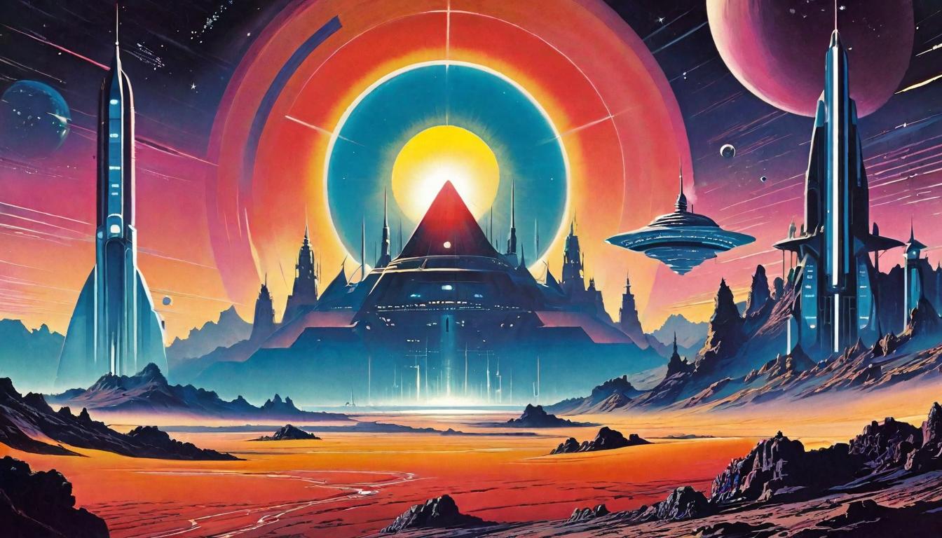  retro futuristic Cosmic dawn, glowing horizon, new order, stars aligning lvintage sci fi, 50s and 60s style, atomic age, vibrant, highly detailed