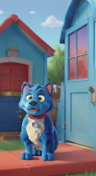  {Max the big blue dog standing in front of a cozy little house with a red door, The big blue dog is large with sky blue fur, big round eyes, a black nose, and floppy ears.