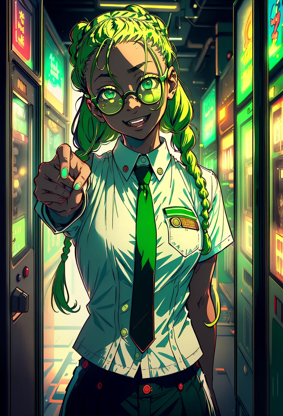  ((trending, highres, masterpiece, cinematic shot)), 1girl, young, female prison uniform, arcade scene, short wavy light green hair, hair in braids, large green eyes, psychopath, crazy personality, happy expression, glasses, dark skin, lively, toned