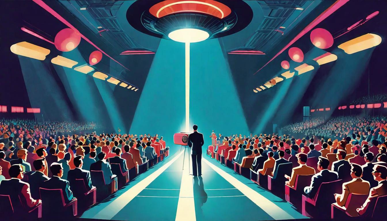  retro futuristic An audience captivated by a speaker on stage, illuminated by a spotlight, inspiring through living, beacon of inspiration lvintage sci fi, 50s and 60s style, atomic age, vibrant, highly detailed