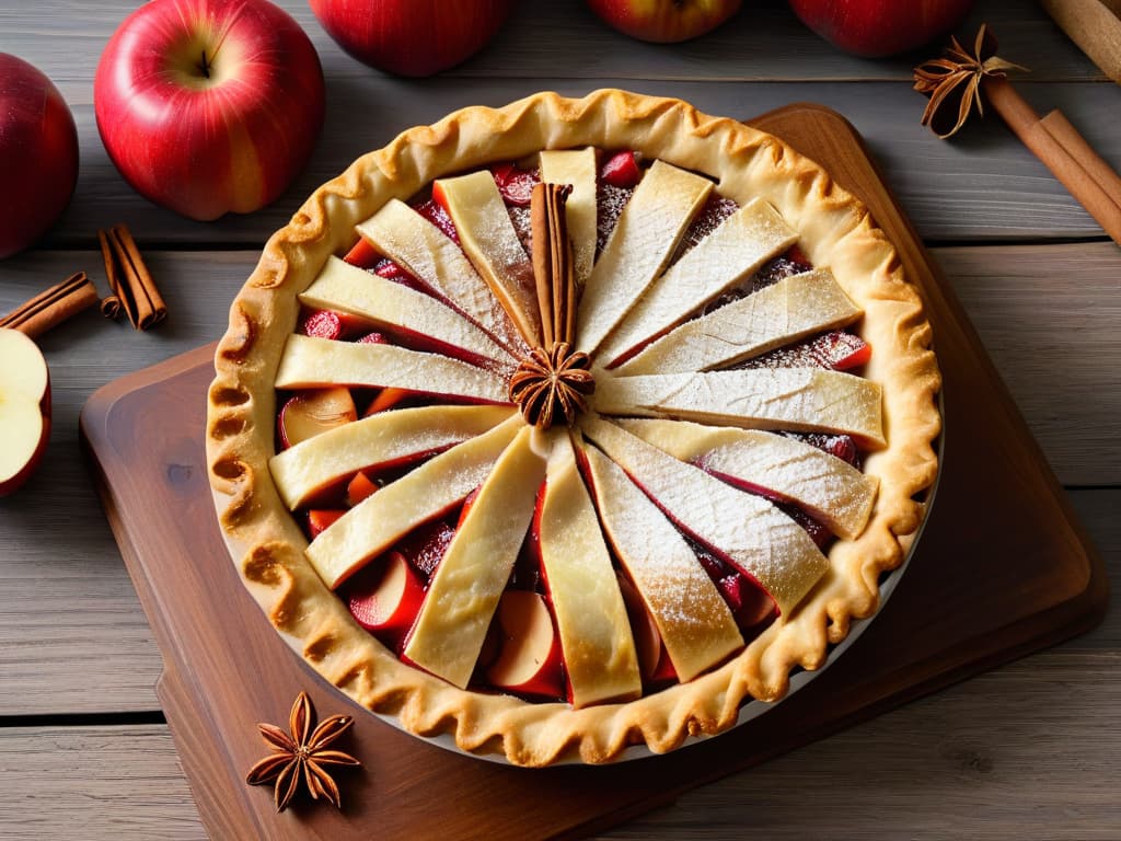  An ultradetailed closeup image of a freshly baked apple pie, showcasing a golden flaky crust with a delicate lattice pattern, topped with caramelized apple slices glistening with a hint of cinnamon. The pie sits on a rustic wooden table, surrounded by scattered whole apples, a dusting of powdered sugar, and a sprig of fragrant cinnamon sticks. The warm hues of the pie contrast beautifully with the rich texture of the table, evoking a cozy autumnal atmosphere that invites the viewer to indulge in the flavors of the season. hyperrealistic, full body, detailed clothing, highly detailed, cinematic lighting, stunningly beautiful, intricate, sharp focus, f/1. 8, 85mm, (centered image composition), (professionally color graded), ((bright soft diffused light)), volumetric fog, trending on instagram, trending on tumblr, HDR 4K, 8K