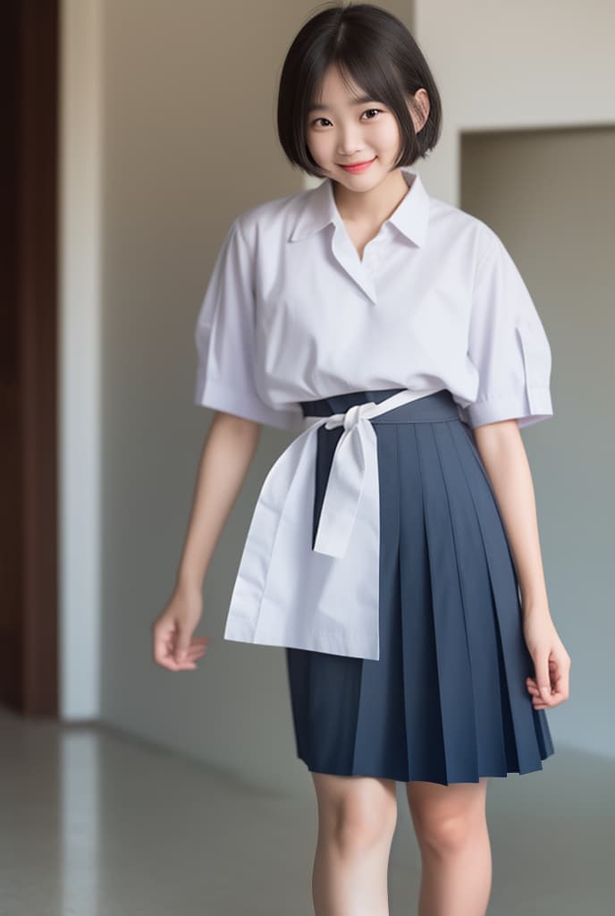  a girl in a iniversity, smile, short brown hair, hair over the eye, seiza , ((MATHAYOM UNIFORM)),BLACK PLEATED SKIRT,WHITE SHIRT SHORT SLEEVES,The photograph has a cinematic quality to it, with dramatic lighting that emphasizes the beauty of the model ADVERTISING PHOTO,high quality, good proportion, masterpiece , The image is captured with an 8k camera