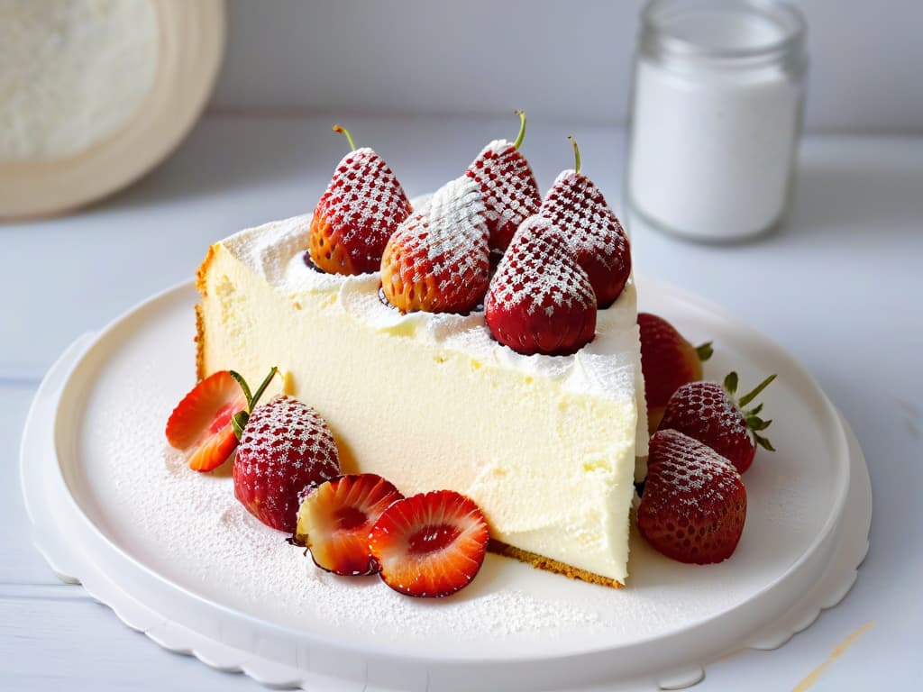  A closeup, ultradetailed image of a slice of light and fluffy cheesecake topped with fresh strawberries and a sprinkle of powdered sugar, presented on a sleek, modern white plate. The cheesecake is perfectly creamy with a goldenbrown crust, and the vibrant red of the strawberries pops against the soft white background, creating a visually striking and appetizing composition. hyperrealistic, full body, detailed clothing, highly detailed, cinematic lighting, stunningly beautiful, intricate, sharp focus, f/1. 8, 85mm, (centered image composition), (professionally color graded), ((bright soft diffused light)), volumetric fog, trending on instagram, trending on tumblr, HDR 4K, 8K