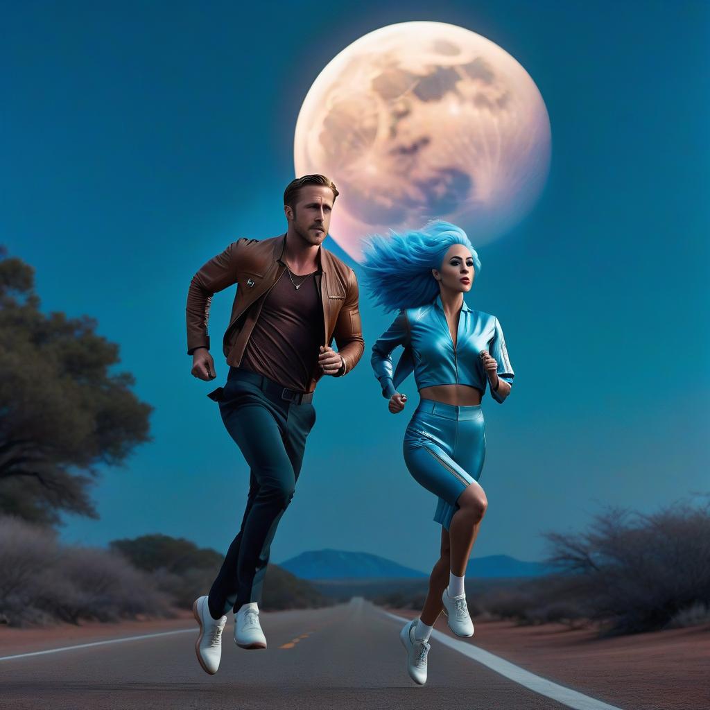  Ryan Gosling, running along the edge. Standing and looking at the huge moon, next to him stands a hologram of a girl with blue hair, her skin is rosy colored. hyperrealistic, full body, detailed clothing, highly detailed, cinematic lighting, stunningly beautiful, intricate, sharp focus, f/1. 8, 85mm, (centered image composition), (professionally color graded), ((bright soft diffused light)), volumetric fog, trending on instagram, trending on tumblr, HDR 4K, 8K