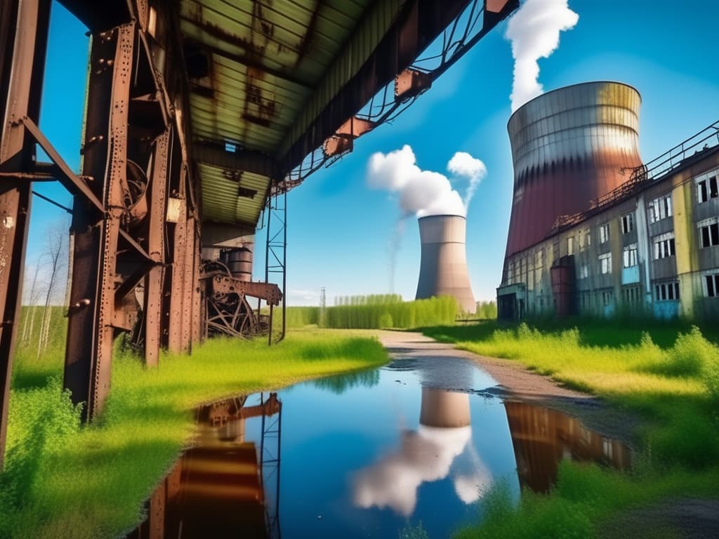  abandoned russian town with giant iron mill and nuclear plant, bright sky, sunny day, eerie mood, green puddles, areial view