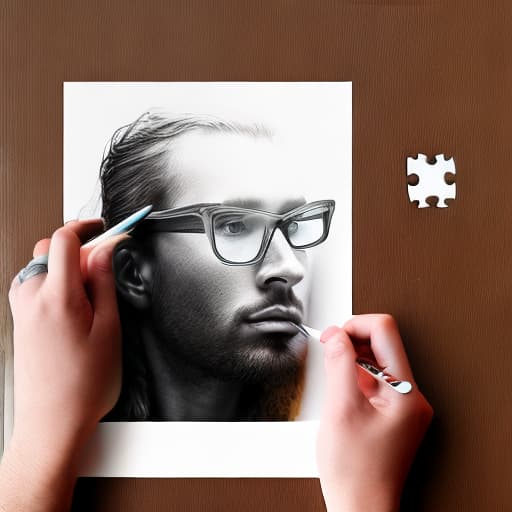 dublex style 3D, man wearing glasses, drawing motion holding pencil on the paper, half colored drawing, looks like puzzle pieces