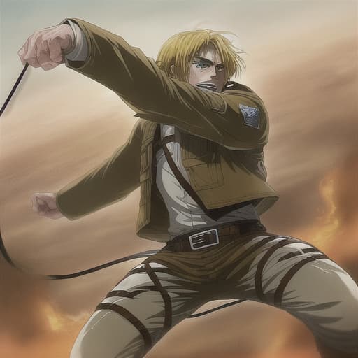  an anime character with blond hair, green eyes, in the style of attack on titan