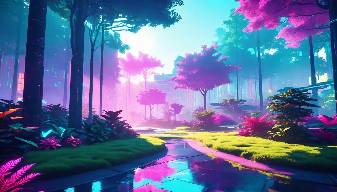  vaporwave,cyberpunk game style A tranquil garden at dawn, soft sunlight piercing through the trees, a soothing aura enveloping all, two shadows cast on the ground, close yet separate, tranquility permeating, nature's calm.eon, dystopian, futuristic, digital, vibrant, detailed, high contrast, reminiscent of cyberpunk genre video games,retro aesthetic, cyberpunk, vibrant, neon colors, vintage 80s and 90s style, highly detailed