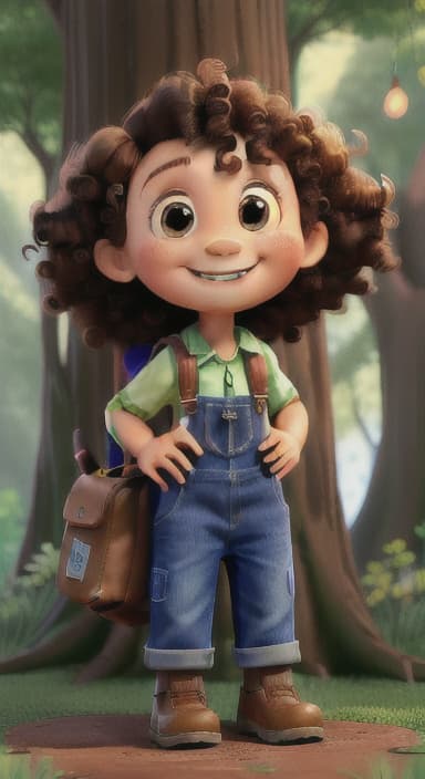  {The tree with a smiling face formed by its bark, looking down at Riley., Riley, a curious with big brown eyes and curly hair, wearing overalls and carrying a small backpack. Their friend, Skye, a bluebird with shiny feathers.