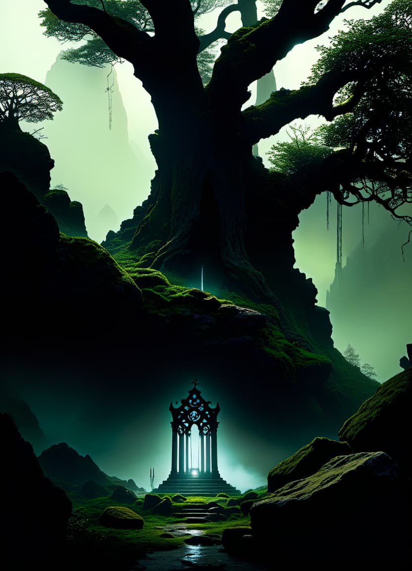  concept art The Forgotten Altar This is a place where time seems to slow down and the air is filled with ancient spells. The altar is buried in moss and fog, and its stones emit a warm light, attracting travelers to its secrets. Here you can hear the whispers of spirits offering their help in exchange for modest gifts. . digital artwork, illustrative, painterly, matte painting, highly detailed hyperrealistic, full body, detailed clothing, highly detailed, cinematic lighting, stunningly beautiful, intricate, sharp focus, f/1. 8, 85mm, (centered image composition), (professionally color graded), ((bright soft diffused light)), volumetric fog, trending on instagram, trending on tumblr, HDR 4K, 8K