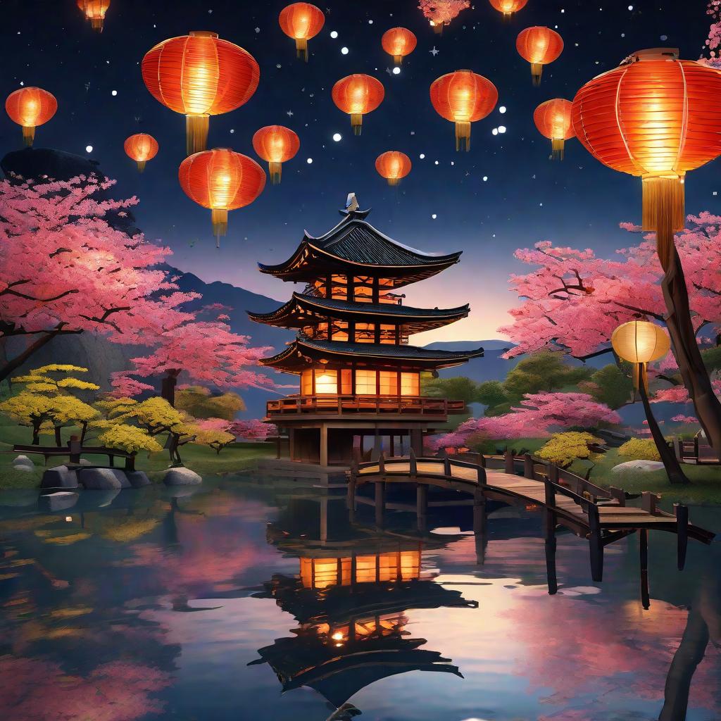  masterpiece, best quality, (Fidelity: 1.4), Best Quality, Masterpiece, Ultra High Resolution, 8k resolution, A night view inspired by Japanese art, featuring a garden illuminated by paper lanterns and a wooden bridge spanning a tranquil lake, by the lakeside, there is a small Zen temple. The water reflects the starry sky.