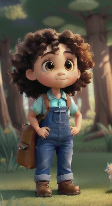  {The tree shining brightly and releasing a gentle, magical light., Riley, a curious with big brown eyes and curly hair, wearing overalls and carrying a small backpack. Their friend, Skye, a bluebird with shiny feathers.