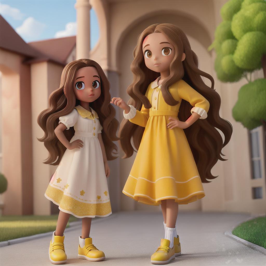  masterpiece, best quality, A girl with wavy really long brown hair, with a little brown skin, brown eyes and big forehead, with a yellow long dress