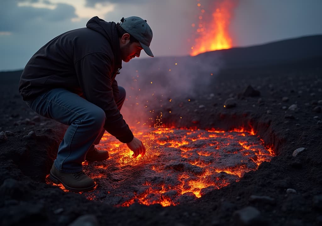  good quality, high quality, volcanologist collecting lava sample during active eruption for geological research analysis. concept volcanology fieldwork, active eruption research, lava sample collection