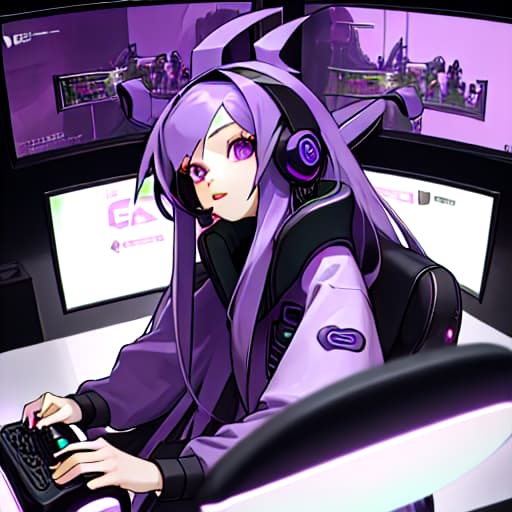  girl with long purple hair with gaming headphones