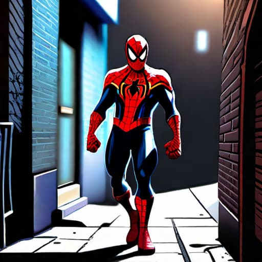  American style (modern) comic about spider man , digital color comicbook style, Show a shadowy figure lurking in an alleyway.. hyperrealistic, full body, detailed clothing, highly detailed, cinematic lighting, stunningly beautiful, intricate, sharp focus, f/1. 8, 85mm, (centered image composition), (professionally color graded), ((bright soft diffused light)), volumetric fog, trending on instagram, trending on tumblr, HDR 4K, 8K