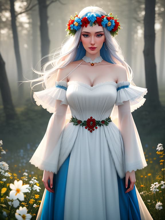  A pale skinned woman with blue eyes and a wreath of flowers on her head, standing in a field. Her outfit resembles the tricolor flag of Russia white, blue, red., cute , furry , expressive , by Seth Casteel , Carli Davidson , Rachael Hale McKenna, Kaylee Greer, Sophie Gamand hyperrealistic, full body, detailed clothing, highly detailed, cinematic lighting, stunningly beautiful, intricate, sharp focus, f/1. 8, 85mm, (centered image composition), (professionally color graded), ((bright soft diffused light)), volumetric fog, trending on instagram, trending on tumblr, HDR 4K, 8K