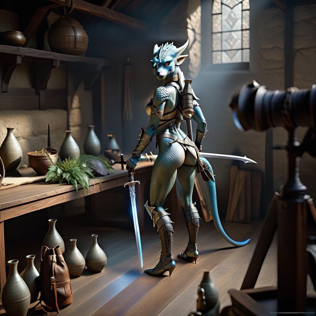  a woman, naked Argonian, with blue eyes, ash colored scales, a two handed sword on her back with a rapier and a backpack in the corner of the room hyperrealistic, full body, detailed clothing, highly detailed, cinematic lighting, stunningly beautiful, intricate, sharp focus, f/1. 8, 85mm, (centered image composition), (professionally color graded), ((bright soft diffused light)), volumetric fog, trending on instagram, trending on tumblr, HDR 4K, 8K