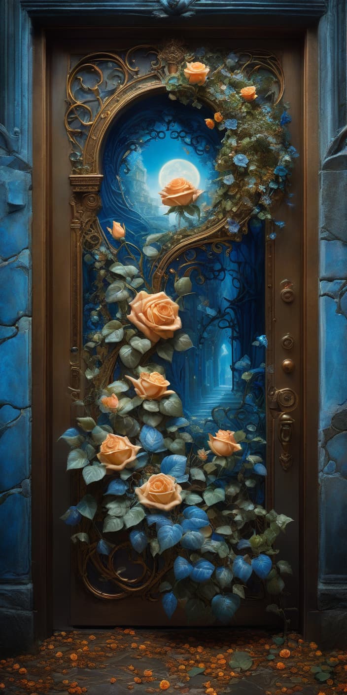  puddle. Oil Painting. Surrealistic digital image with double exposure and (dissolving textures). (Door to a fairy tale: 1,2). With unusual design. Rays of magical light from the ajar door. Glow, Magic. Forged, strange, bizarre:: intricate wrought iron elements in the spirit of Scandinavian ornaments. Intricate floral decoration:: Blue roses:: glow, ivy, ornamentation:: plateresco. Background:: surreal abstractionism with elements of masonry covered with ivy and roses. Hyper detailing, intricacy. Fantasy, creativity. Harmony of blue and copper shades. Exquisite rocaille and fantasy surrealism. Decorative excesses. Josephine Wall. Fragonard and Antoine Watteau. Sabbas Aptheros, Alfonso Mucha, Carole Buck, Andrew Jones, Gustav Klimt. High deta hyperrealistic, full body, detailed clothing, highly detailed, cinematic lighting, stunningly beautiful, intricate, sharp focus, f/1. 8, 85mm, (centered image composition), (professionally color graded), ((bright soft diffused light)), volumetric fog, trending on instagram, trending on tumblr, HDR 4K, 8K