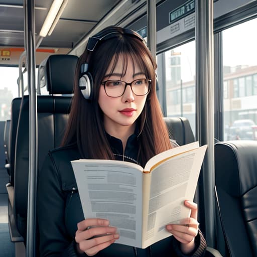  Realistic image of a cat wearing headphones and reading glasses while riding a bus. hyperrealistic, full body, detailed clothing, highly detailed, cinematic lighting, stunningly beautiful, intricate, sharp focus, f/1. 8, 85mm, (centered image composition), (professionally color graded), ((bright soft diffused light)), volumetric fog, trending on instagram, trending on tumblr, HDR 4K, 8K