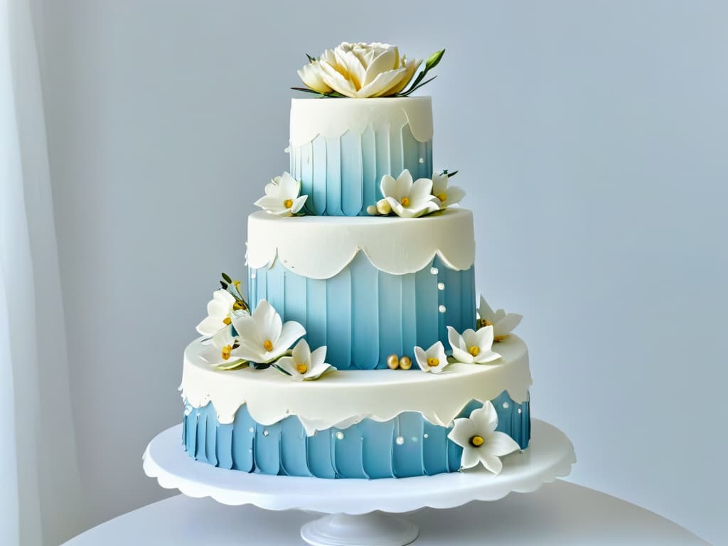  A closeup, ultradetailed image of a perfectly glazed and meticulously decorated multitiered wedding cake, showcasing intricate piping work, delicate sugar flowers, and shimmering gold accents, all set against a clean, white background to emphasize the artistry and craftsmanship of professional pastry chefs in the world of competitive baking. hyperrealistic, full body, detailed clothing, highly detailed, cinematic lighting, stunningly beautiful, intricate, sharp focus, f/1. 8, 85mm, (centered image composition), (professionally color graded), ((bright soft diffused light)), volumetric fog, trending on instagram, trending on tumblr, HDR 4K, 8K