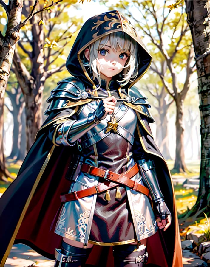  master piece , best quality,Leather armor, hooded cape, hooded cloak, boots, pants, tunic, pouch, belt, gloves, gauntlets, bow, arrows, dagger, nature lover, calm and collected, high shooting accuracy, concentration, girl