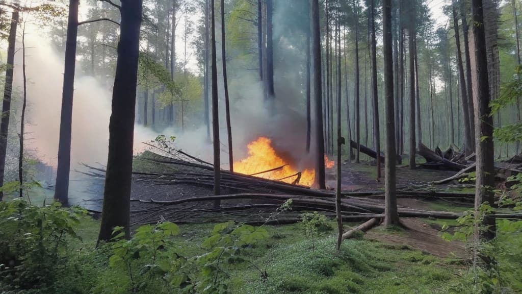  A forest explosion with trees and debris flying through the air