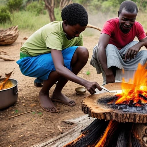  African family cooking food on fire wood