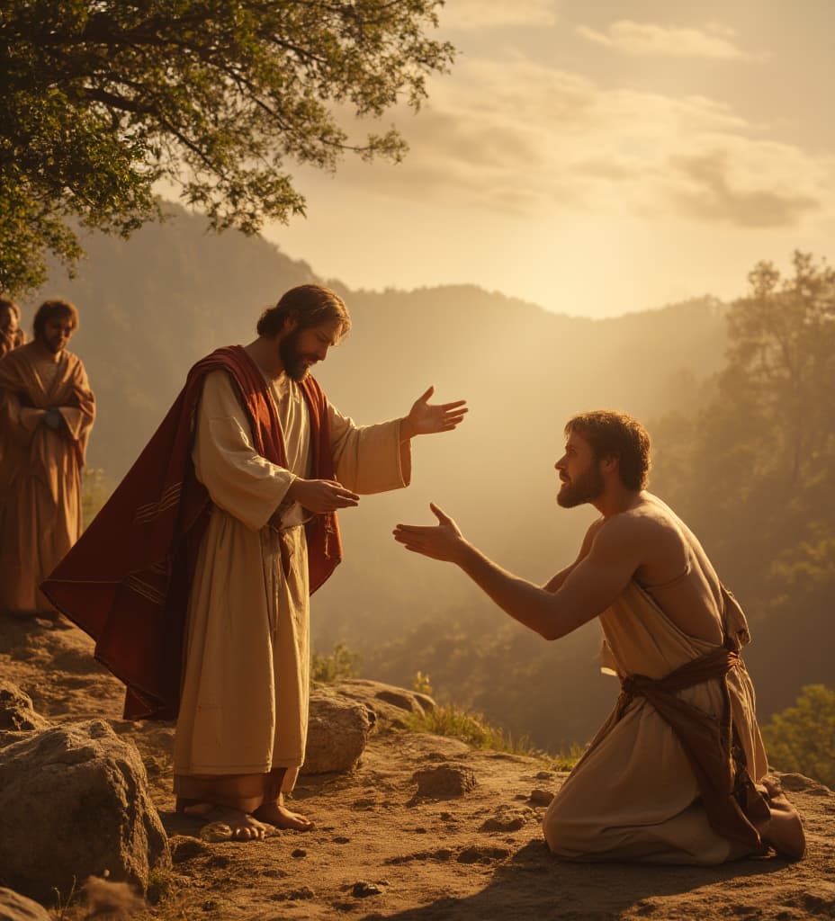  good quality, high quality, "a powerful and emotional scene set in a biblical landscape. in the foreground, a man kneels on the ground, his face filled with desperation and hope, reaching out with one hand. his clothes are torn and humble, symbolizing his need for healing. in front of him, jesus stands, radiant and compassionate, extending his hand towards the man. a soft glow surrounds jesus, and his robe flows gently in the breeze, symbolizing divine power. the background shows a few blurred figures in the distance, representing a watching crowd, but the focus remains on the man and jesus. the image should evoke themes of healing, faith, and divine compassion."