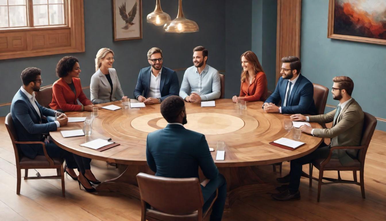  digital illustration A round table surrounded by chairs, each occupied by a person of varied backgrounds, engaged in dialogue, collaboration, emotional intelligence, teamwork looking at viewer, dynamic pose, (intricate details, masterpiece, best quality)