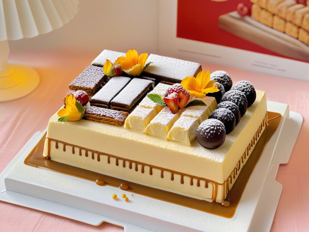  An ultradetailed 8k image of a delicate, intricately designed Peruvian dessert display featuring a variety of traditional sweets such as suspiro a la limeña, picarones, and alfajores, all elegantly arranged on a pristine white platter. The desserts are garnished with vibrant edible flowers and gold leaf accents, showcasing the artistry and cultural richness of Rosa Viacava's influence on Peruvian pastrymaking. The image is captured with such clarity that each sugary detail, from the caramel drizzles to the powdered sugar dustings, is vividly highlighted, inviting the viewer to appreciate the craftsmanship and flavors of Viacava's delectable creations. hyperrealistic, full body, detailed clothing, highly detailed, cinematic lighting, stunningly beautiful, intricate, sharp focus, f/1. 8, 85mm, (centered image composition), (professionally color graded), ((bright soft diffused light)), volumetric fog, trending on instagram, trending on tumblr, HDR 4K, 8K