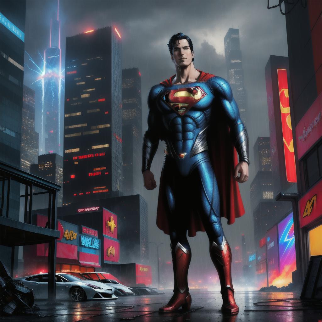  full body superman. City background. Cars and explosions. Comic book style, Highly detailed, hyperrealistic, sharp details, raining, cyberpunk, concept art