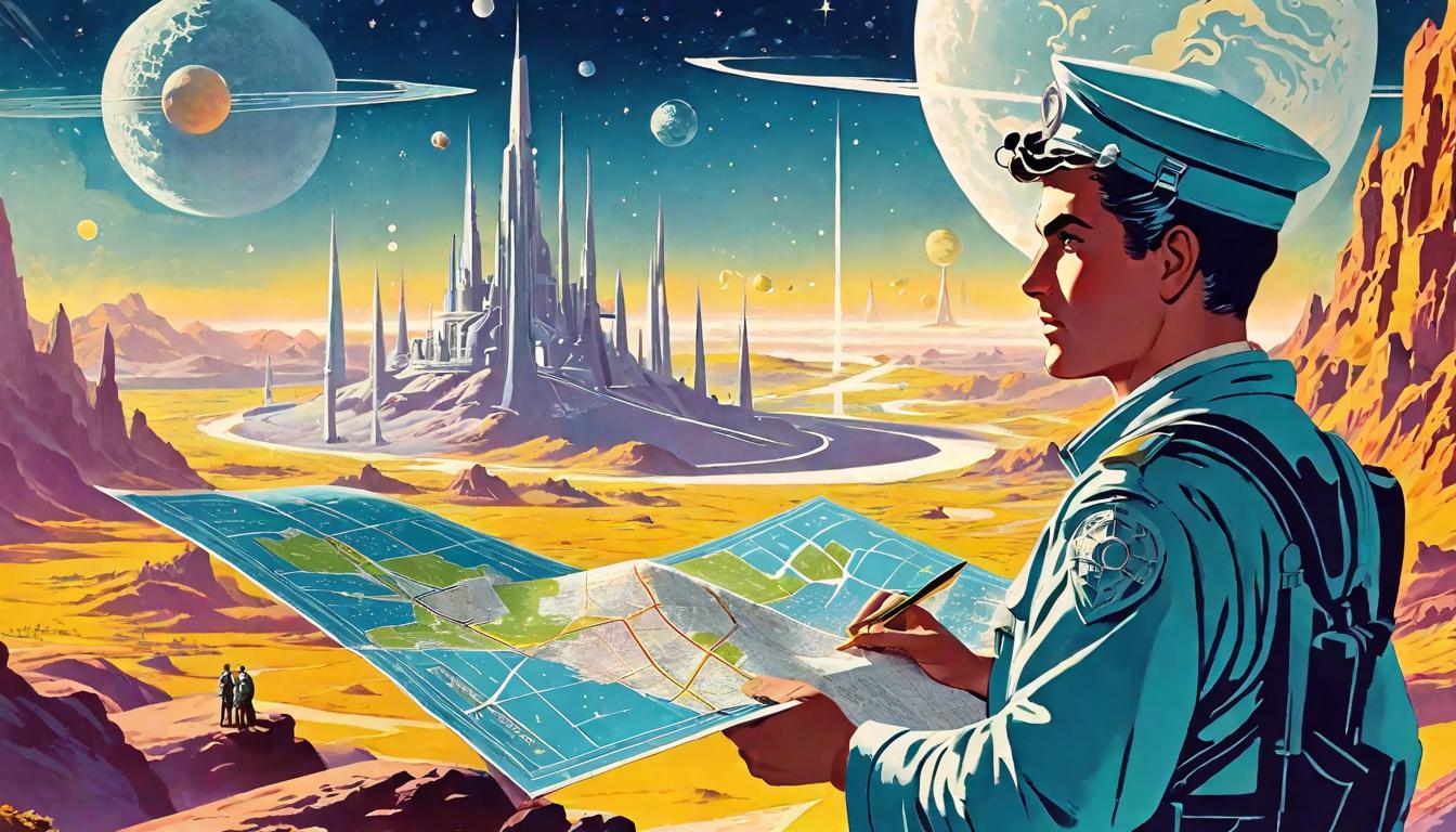  retro futuristic A traveler at the junction of winding paths, holding a map marked with celestial signs, recognition and understanding, journey of enlightenment, crossroads of destiny lvintage sci fi, 50s and 60s style, atomic age, vibrant, highly detailed