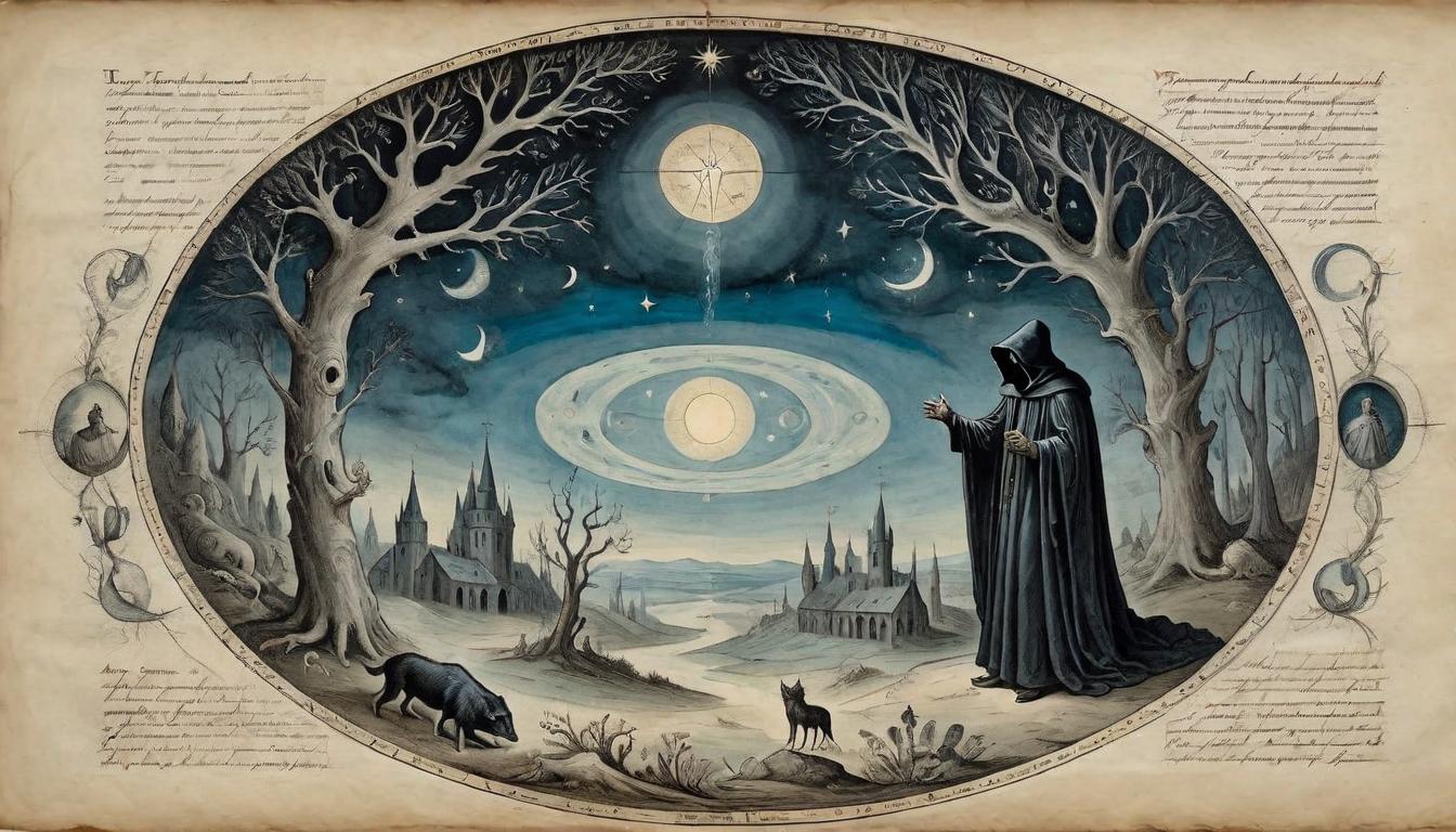  on parchment, surrealism+++, A cloaked figure, central in a circle of adoring and wary creatures of the night. Dramatic contrast, central figure radiating a soft luminescence, encircled but unfazed.(mysterious, provocative, symbolic,muted color)+++