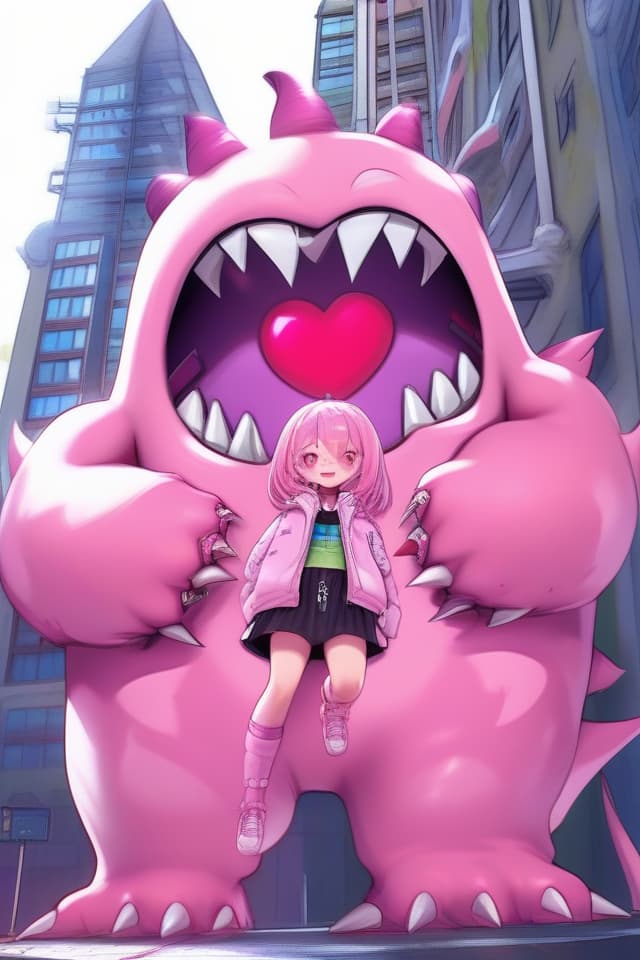  Monster, Masterpiece, Mouth with Zipper, Pink Monster, Not Scary, Handsomely Clad Heart, Huge, in A Group of Buildings, in A Group of Buildings, HIGH Quality