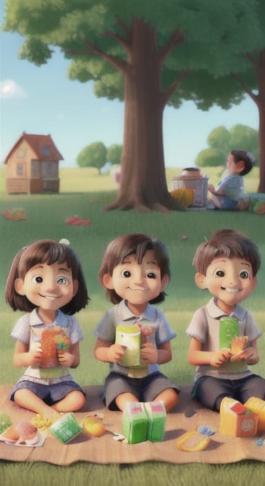  {Kids sitting around a picnic blanket, enjoying juice boxes and snacks., Children happily eating snacks, with crumbs on their faces and big smiles.