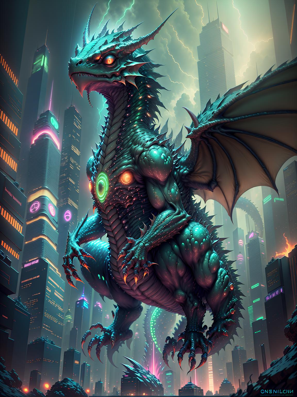  master piece, best quality, ultra detailed, highres, 4k.8k, Cyber Dragon, Emerging from the depths of a futuristic city, Majestic, BREAK A highly advanced civilization is facing the threat of a mechanized dragon., Futuristic cityscape, Skyscrapers, holographic billboards, flying vehicles, BREAK Futuristic and ominous, Sleek metallic scales, glowing energy engines, and neon lit surroundings., creature00d,Cu73Cre4ture