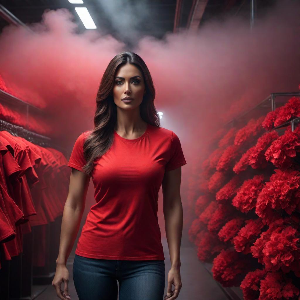  A red T-shirt hyperrealistic, full body, detailed clothing, highly detailed, cinematic lighting, stunningly beautiful, intricate, sharp focus, f/1. 8, 85mm, (centered image composition), (professionally color graded), ((bright soft diffused light)), volumetric fog, trending on instagram, trending on tumblr, HDR 4K, 8K