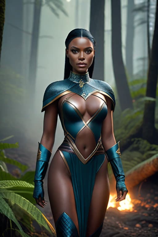  best quality, masterpiece, highres, photorealistic, high quality, volumetric lighting, candid, Photograph, high resolution, nightime, a congolese women with skin details, fiery african black hair, light Aureolin eyes, fantasy, harmonious, determined, foggy old forest, dress like a super heros, beautiful with eyes liner m hyperrealistic, full body, detailed clothing, highly detailed, cinematic lighting, stunningly beautiful, intricate, sharp focus, f/1. 8, 85mm, (centered image composition), (professionally color graded), ((bright soft diffused light)), volumetric fog, trending on instagram, trending on tumblr, HDR 4K, 8K