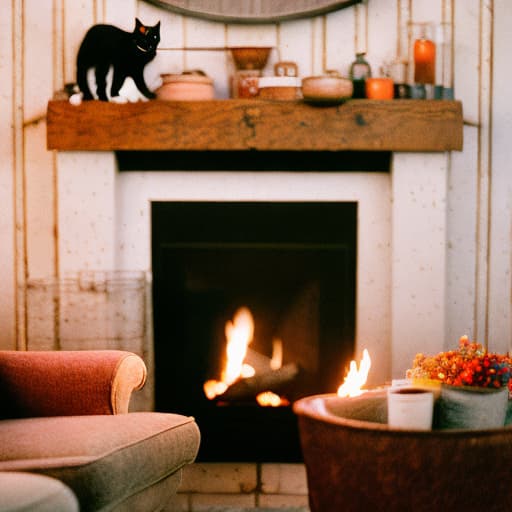 analog style "In the room of a cabin, a cozy fireplace, a cat is in front of the cozy fireplace."