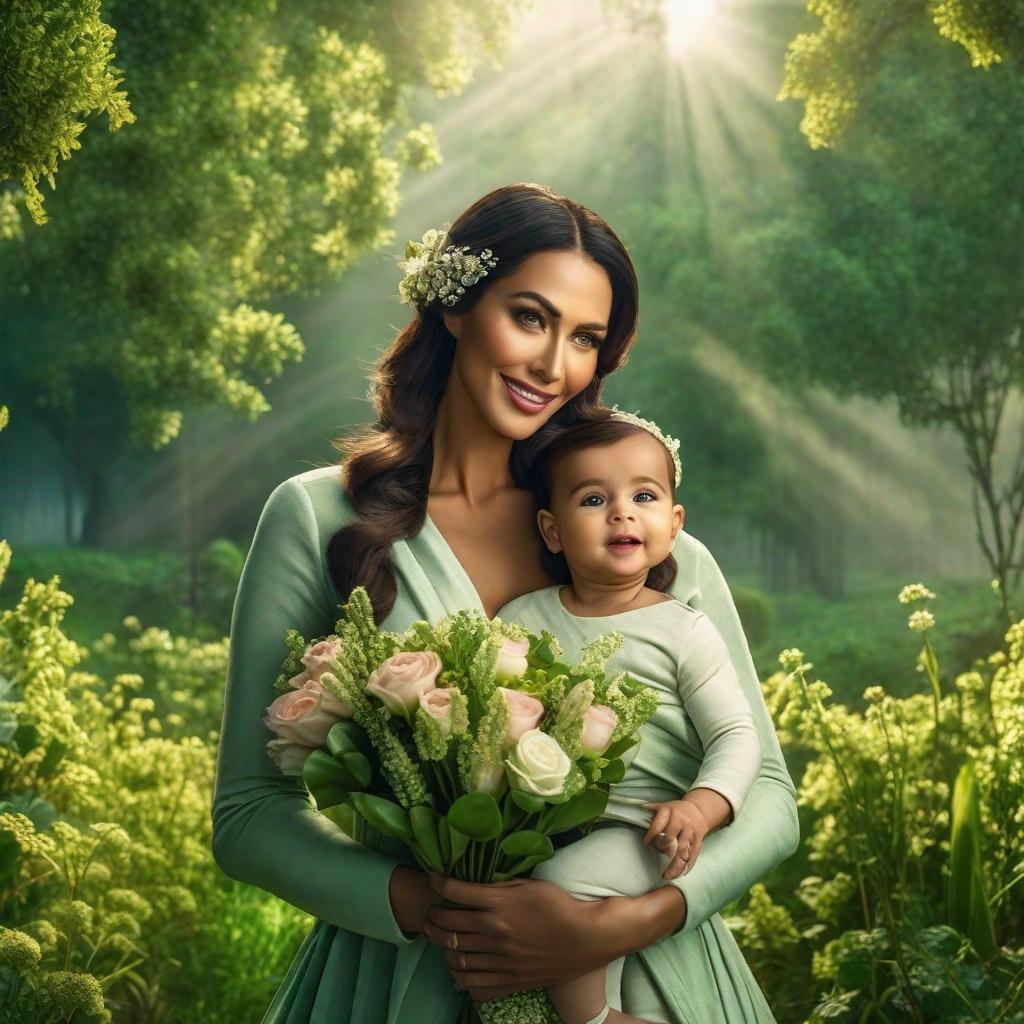  happy mother's day with lady and baby money vision bright sky computer matrix green unity hyperrealistic, full body, detailed clothing, highly detailed, cinematic lighting, stunningly beautiful, intricate, sharp focus, f/1. 8, 85mm, (centered image composition), (professionally color graded), ((bright soft diffused light)), volumetric fog, trending on instagram, trending on tumblr, HDR 4K, 8K