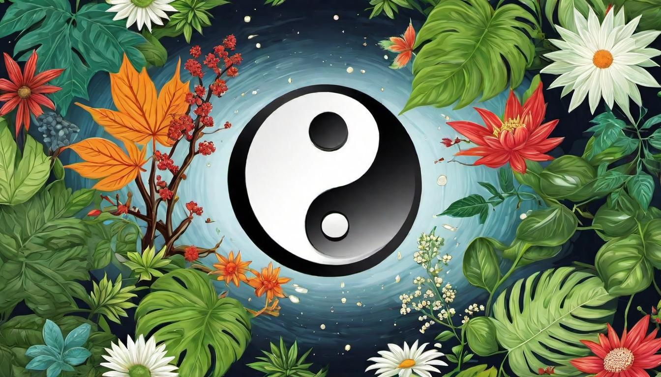  digital illustration A yin yang symbol surrounded by medicinal plants and a meditative figure, illustrating holistic practices as essential, balanced, restorative looking at viewer, dynamic pose, (intricate details, masterpiece, best quality)