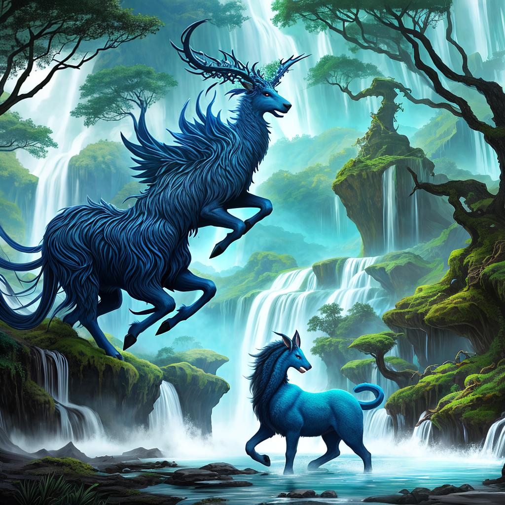  in a fantasy setting, Paint a surreal landscape where mythical beasts roam amidst cascading waterfalls.