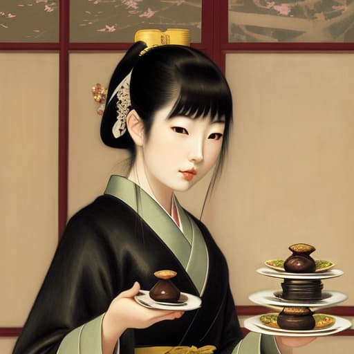  Attractive Beautiful young modern Japanese girl dressed in imperial attire with moist parted lips. Foreground is plates of fine dark chocolates. Background is an exclusive Japanese restaurant . Painting style of Edgar Degas