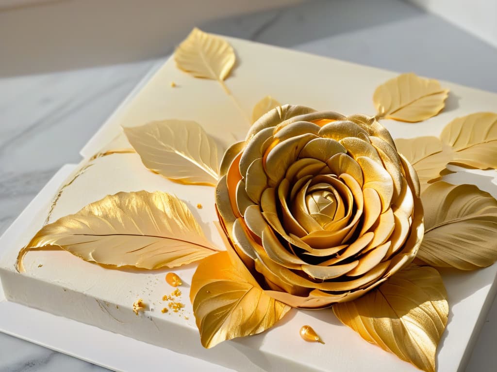  A closeup, ultradetailed image of a delicate rose made entirely out of shimmering gold leaf flakes, resting on a sleek, modern marble countertop. The intricate layers of the golden petals catch the light, creating a mesmerizing and luxurious visual effect that embodies innovation and elegance in pastrymaking. hyperrealistic, full body, detailed clothing, highly detailed, cinematic lighting, stunningly beautiful, intricate, sharp focus, f/1. 8, 85mm, (centered image composition), (professionally color graded), ((bright soft diffused light)), volumetric fog, trending on instagram, trending on tumblr, HDR 4K, 8K